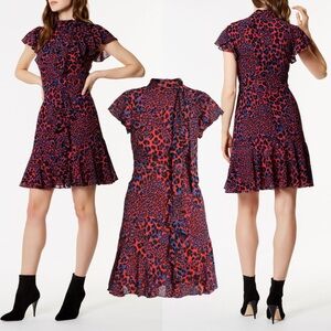 KAREN MILLEN Ruffle Leopard Blouson Dress Maroon Red Blue Bow High Neck ASO 8
